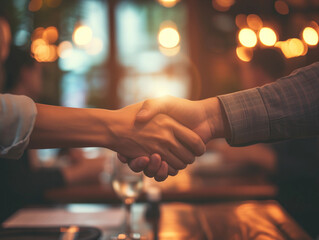 
Intimate startup launch in a cozy cafe, small team of diverse entrepreneurs presenting to a group of investors, warm ambient lighting, close-up of hands shaking in agreement, a sense of achievement a