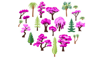 Set of hand-drawn spring flowering trees, palm trees, fir trees, and larches. icons in a flat style for painting landscape and architecture, elements for the environment or garden.