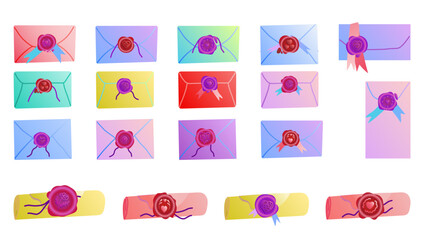Set of love and greeting letters of various shapes and colors, sealed in envelopes and scrolls with sealing wax.