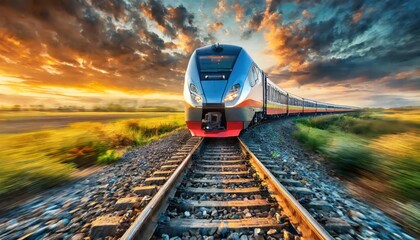 High speed train in motion on the railway station at sunset. Fast moving modern passenger train on railway platform. Railroad with motion blur effect. Commercial transportation. Blurred background - Powered by Adobe