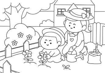 Kid and his mom plant on the garden, coloring book.