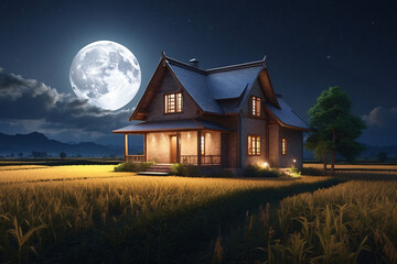 3d house in rice field at night