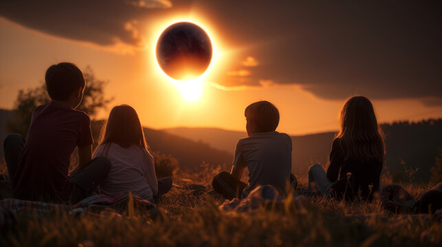 Young people watching solar eclipse 