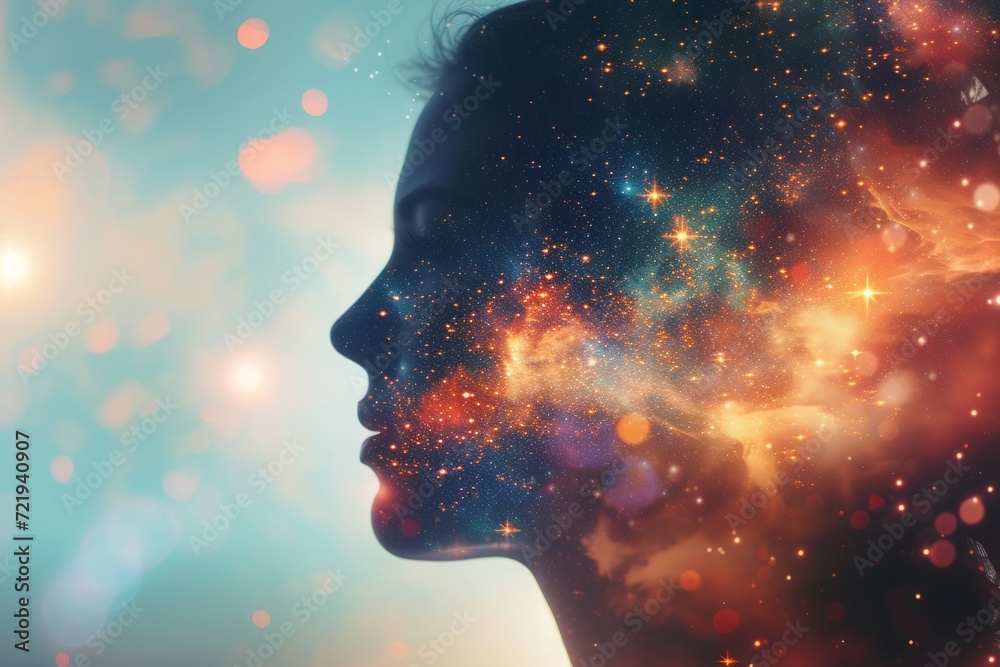 Wall mural cosmic silhouette of a woman's profile against a star-filled sky, a concept of imagination and dream