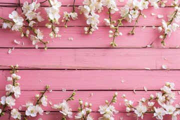White cherry blossoms on pink wooden background, ideal for spring, nature, and fresh themes.

