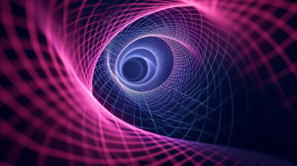Spiral vector geometric fractal grid background image, neon color, dark background.