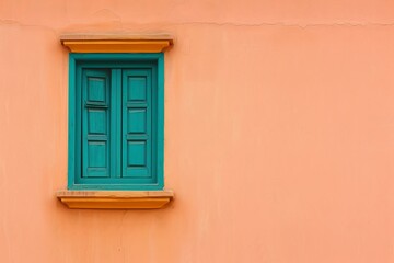 Bright turquoise window on peach colored wall, Mediterranean style

