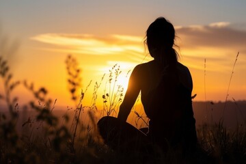 Silhouette of woman in sunset field, tranquil nature scene

