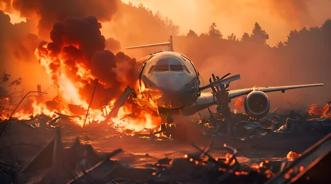 The scene of the plane burning due to an accident, 4k animated virtual repeating seamless