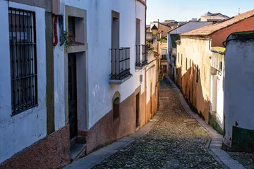 Foto auf Acrylglas Enge Gasse Narrow alley with old houses next to the wall of the medieval city of Caceres