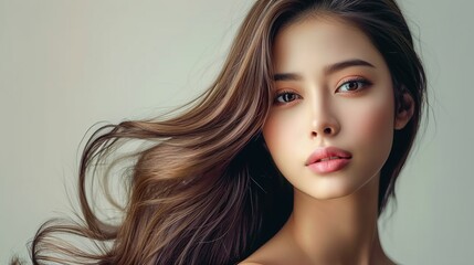 Fototapeta premium Elevate your beauty experience with a stunning woman boasting brown hair and fair skin. Discover radiance and allure effortlessly. Generative AI