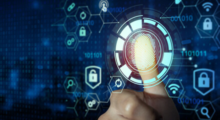Fingerprint scan provides security access with biometrics identity and approval. Future of security and password control through fingerprint. Technology Security and Safety Internet concept.