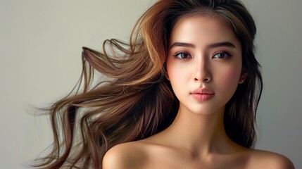 Fototapeta premium Elevate your beauty experience with a stunning woman boasting brown hair and fair skin. Discover radiance and allure effortlessly. Generative AI