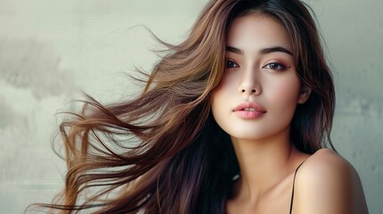 Fototapeta premium Elevate your beauty experience with a stunning woman boasting brown hair and fair skin. Discover radiance and allure effortlessly. Generative AI