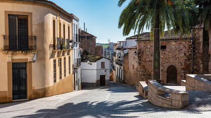 Streets with typical houses of the monumental city of Caceres in Extremadura, Spain.