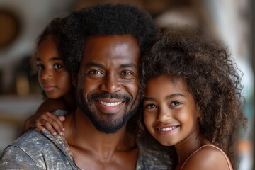 Happy African American father with two daughters having fun together at home