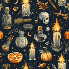 Witchcraft magic spooky repeat pattern, occult alchemy gothic halloween repetitive background