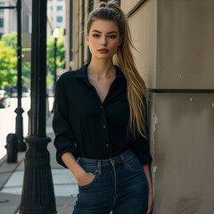 Fototapeta premium Girl standing in black top and jeans