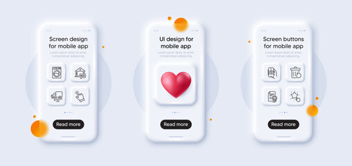 Obraz premium Smile, Locked app and Washing machine line icons pack. 3d phone mockups with heart. Glass smartphone screen. Recovery trash, Ranking star, Bid offer web icon. Delivery route, Cursor pictogram. Vector