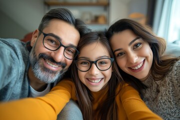 Cheerful young family of three having fun taking selfie together at home - obrazy, fototapety, plakaty