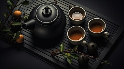 A beautiful set of teapots and cups can be placed on a flat surface.