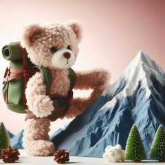 Toy bear traveler near the mountain.