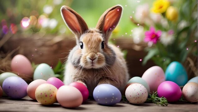 fluffy easter bunny with easter eggs
