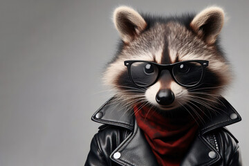Stylish raccoon in a leather jacket and glasses on a clean background. Place for text. - obrazy, fototapety, plakaty