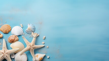 A blue background is adorned with starfish and seashells.