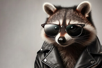 Raccoon in a leather jacket and glasses close-up. Place for text. - obrazy, fototapety, plakaty