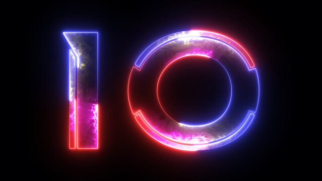 Glowing neon number 10 (Ten). Bright neon glowing number 10. Education concept