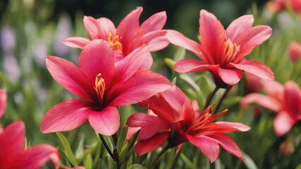 Obraz premium Pink and yellow flowers, Pink flower landscape wallpaper, red and pink flowers wallpaper, colorful flower background,