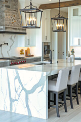Luxurious New House Kitchen with Modern Interior, White Furnishings, and Elegant Granite Island