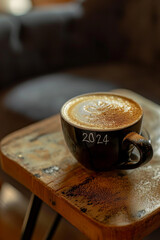 The surface of the latte has the words "2024" .