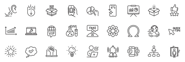 Fototapeta na wymiar Icons pack as Execute, Quick tips and Smartphone clean line icons for app include Vip internet, Whisper, Empower outline thin icon web set. Fake review, Get box, Omega pictogram. Vector