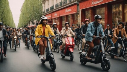 Obraz premium people on scooters ride through the city streets