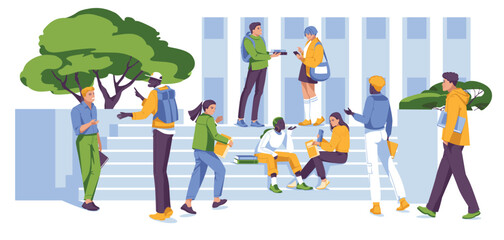 A group of students near the steps of the university building. Vector flat illustration.