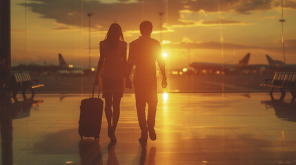 a couple of men and woman walking at the airport with luggage trolley at sunset