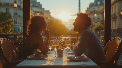 couple having dinner at sunset in paris france, men and woman in cafe in paris with eiffel tower on...