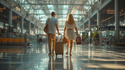 men and woman walking at the airport with luggage trolley at sunset