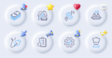 Employees talk, Pen tool and Furniture moving line icons. Buttons with 3d bell, chat speech, cursor. Pack of Inspect, Cooking chef, Dollar icon. Service, Journey pictogram. Vector