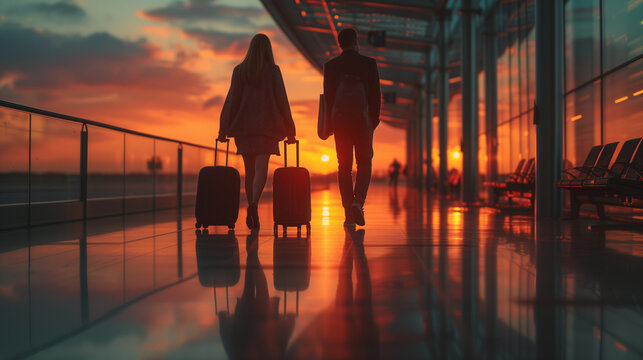 a couple of men and woman walking at the airport with luggage trolley at sunset, travelers at airport