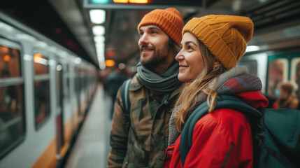 men and woman checking in at a train at the trainsation during sunset with warm soft light, diverse couple at trainstation