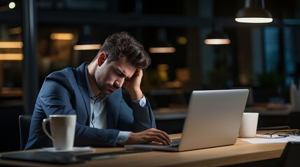 A man is feeling exhausted while at work - obrazy, fototapety, plakaty