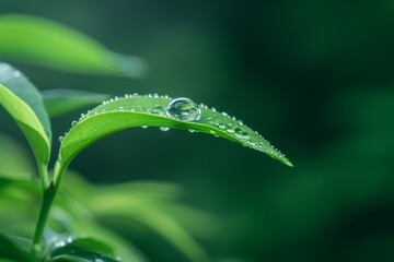 Nature's delicate beauty captured in a single dewdrop on a lush green leaf, glistening under the gentle touch of rain
