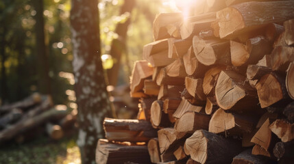 Nature's Warm Embrace: Stacked Firewood in Log Cabin Style. Generative AI - obrazy, fototapety, plakaty