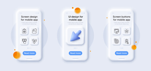 Payment click, Wallet and Tickets line icons pack. 3d phone mockups with cursor. Glass smartphone screen. Online buying, Wind energy, Vip star web icon. Clipboard, World money pictogram. Vector