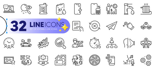 Outline set of Success business, Money and Radiator line icons for web with Cable section, Supply chain, Paper plane thin icon. Face id, Training results, Reject refresh pictogram icon. Vector