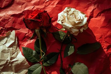 a white and red roses on a red and white crumpled paper
