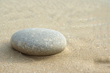 Fototapeta na wymiar A solitary pebble stands strong on the sandy beach, a symbol of resilience against the shifting ground of the outdoors